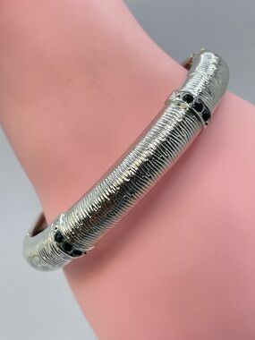 Silver Tone Hinged Bangle Bracelet Black Rhinestones Textured Modern